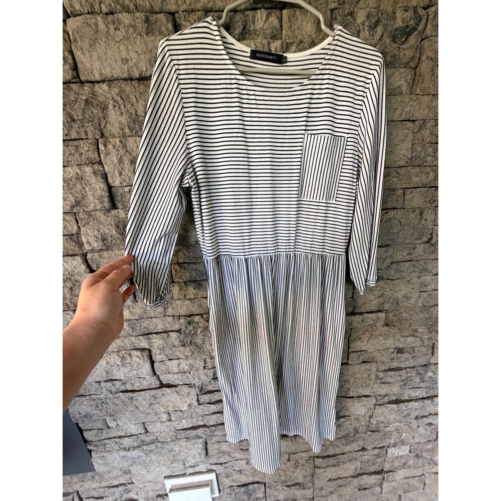 MEROKEETY Striped Pocket Midi Dress Womens Large Stretch Minimalist Indie
